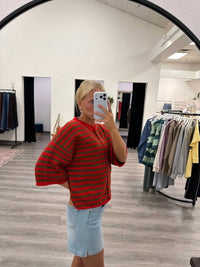 By Together - Striped Knit Quarter Sleeve Cardigan Sweater