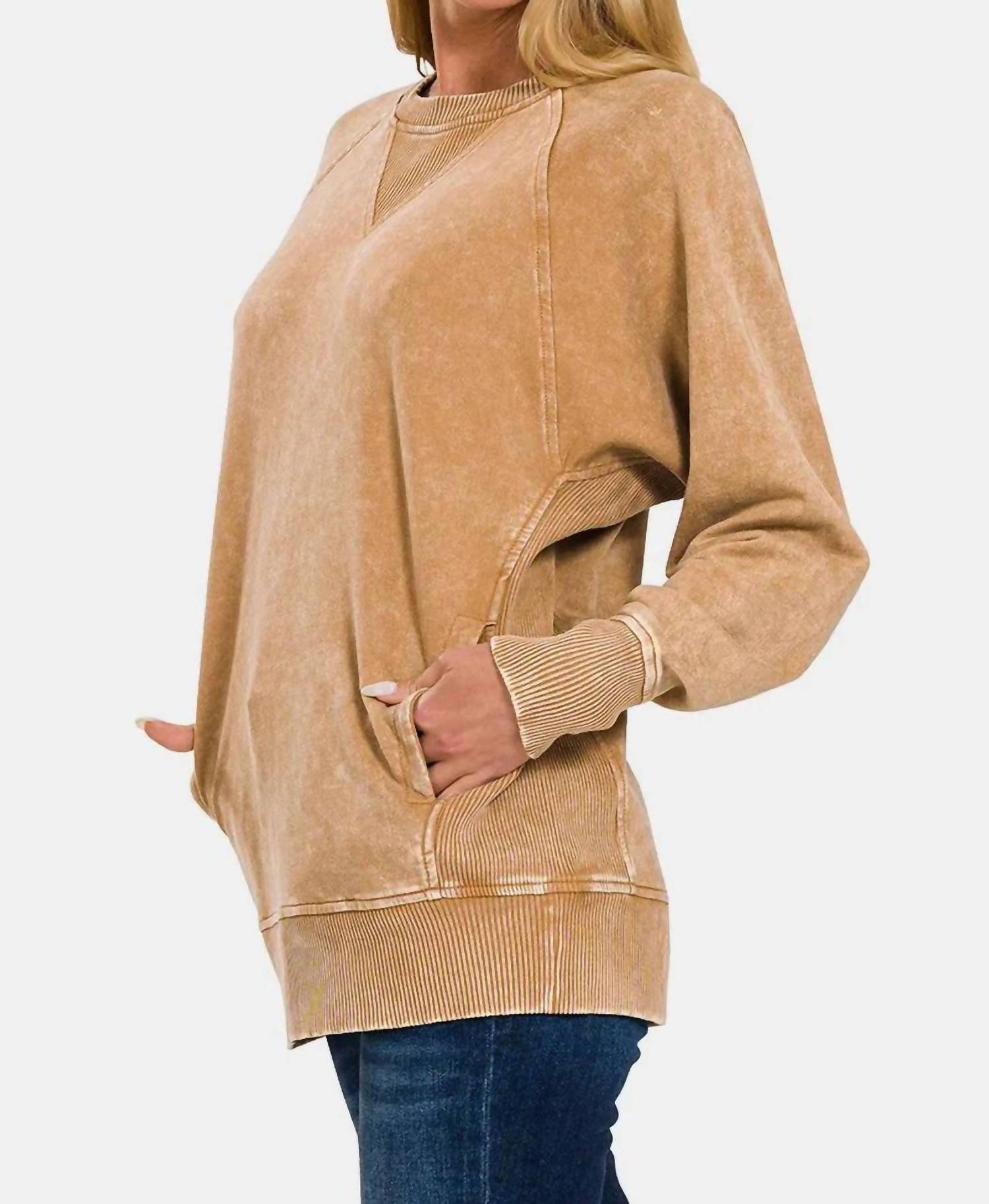 Zenana - Pocketed Round Neck Sweatshirt