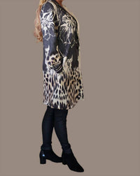 Look Mode Usa - Faux Suede Leopard And Flower Print Long Jacket