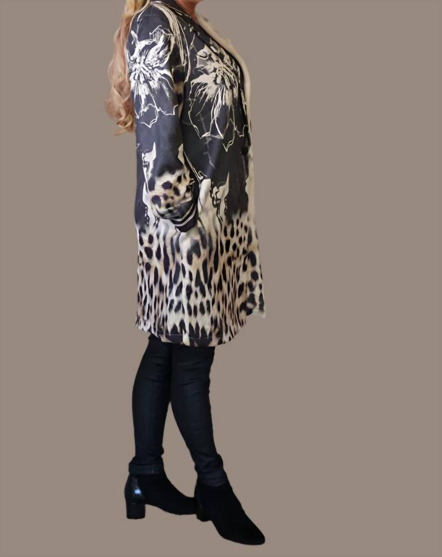 Look Mode Usa - Faux Suede Leopard And Flower Print Long Jacket