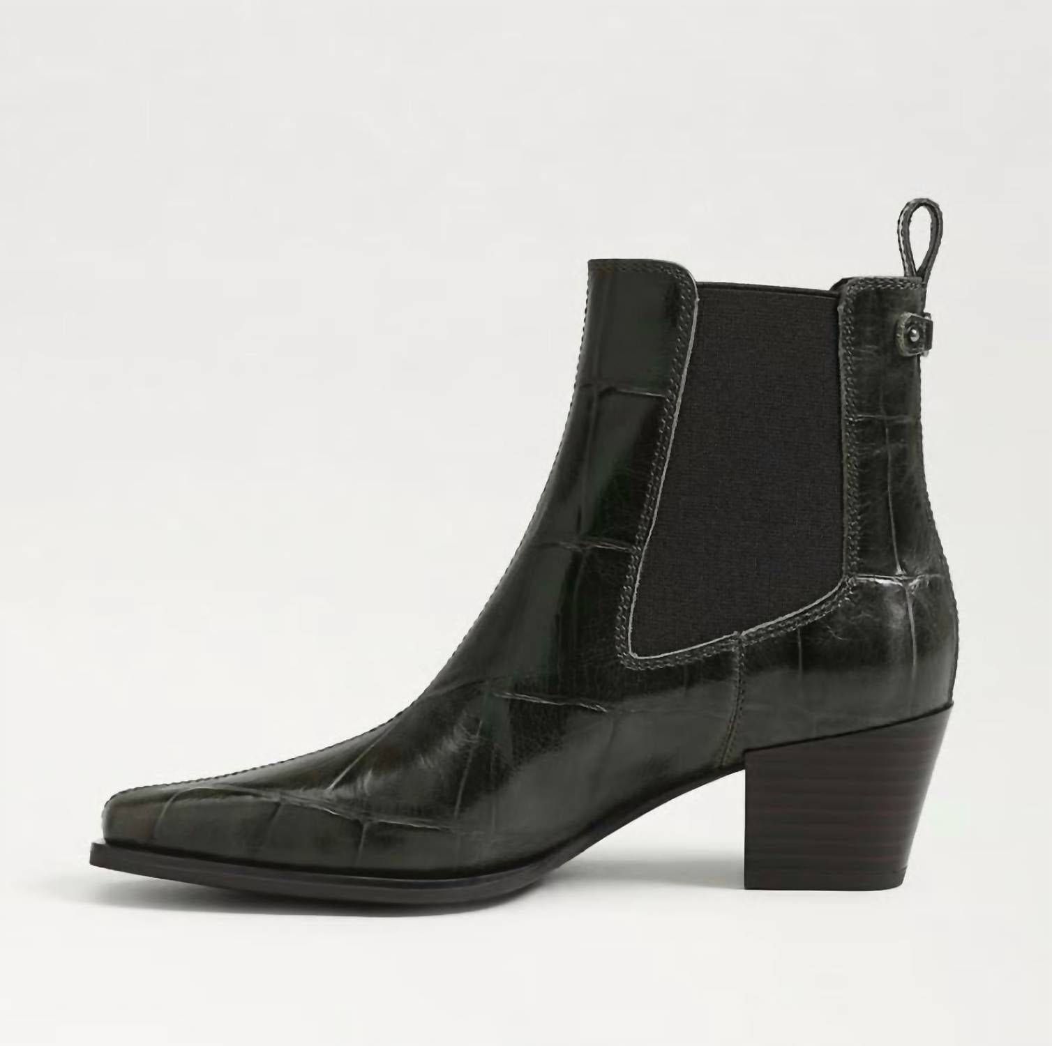 Sam Edelman Women's Ashtyn 2 Ankle Bootie in deep olive croco leather - women's shoe - detail view