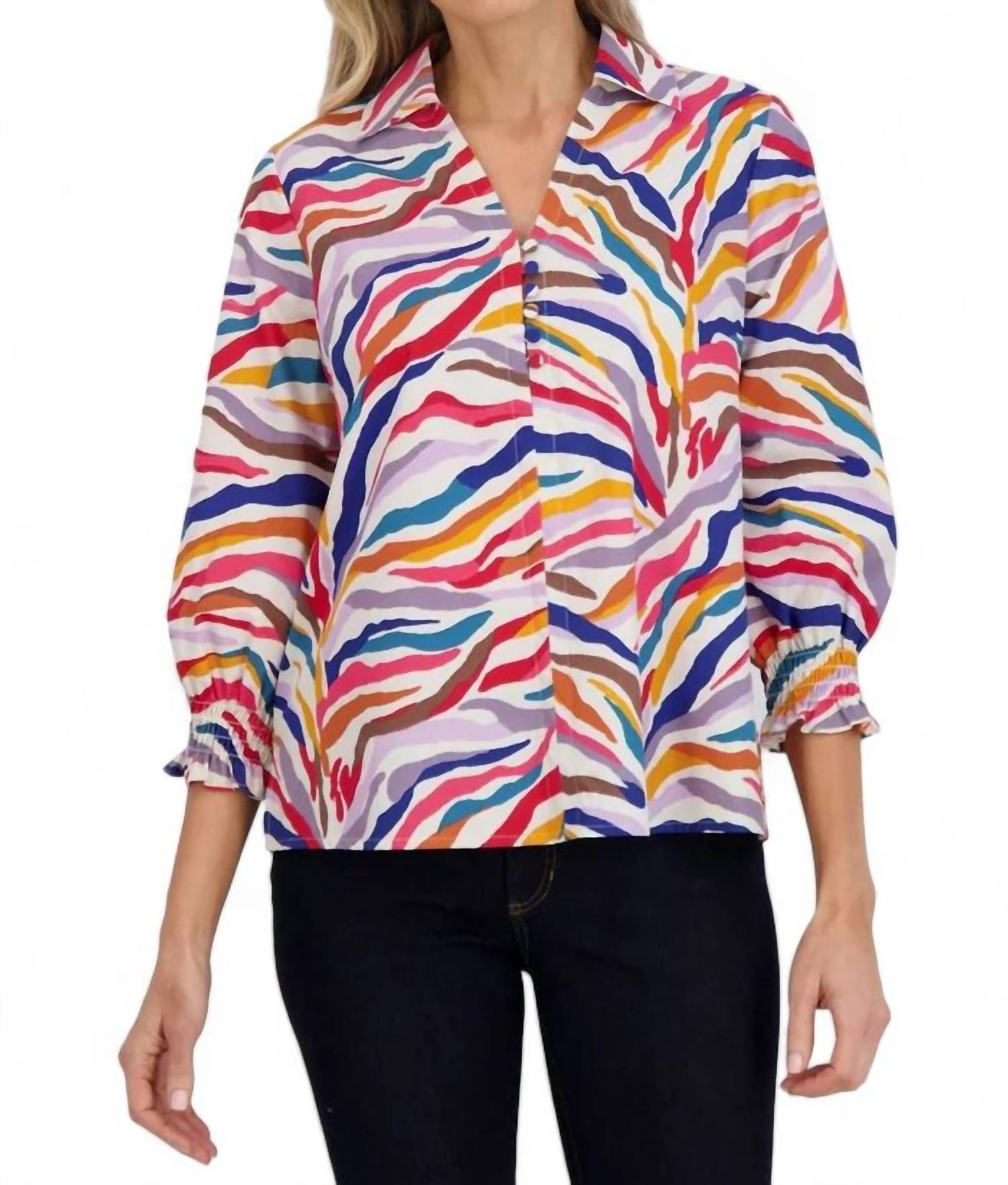 Foxcroft - ALEXIS COLORFUL ZEBRA POPOVER TOP