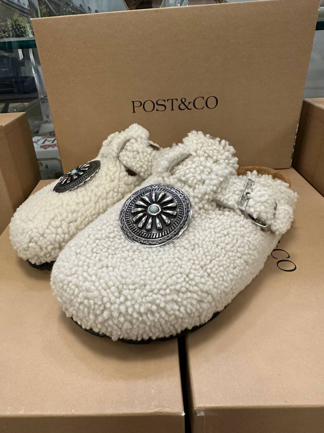 Post & Co. Women's Shearling Clogs in natural - women's shoe - detail view