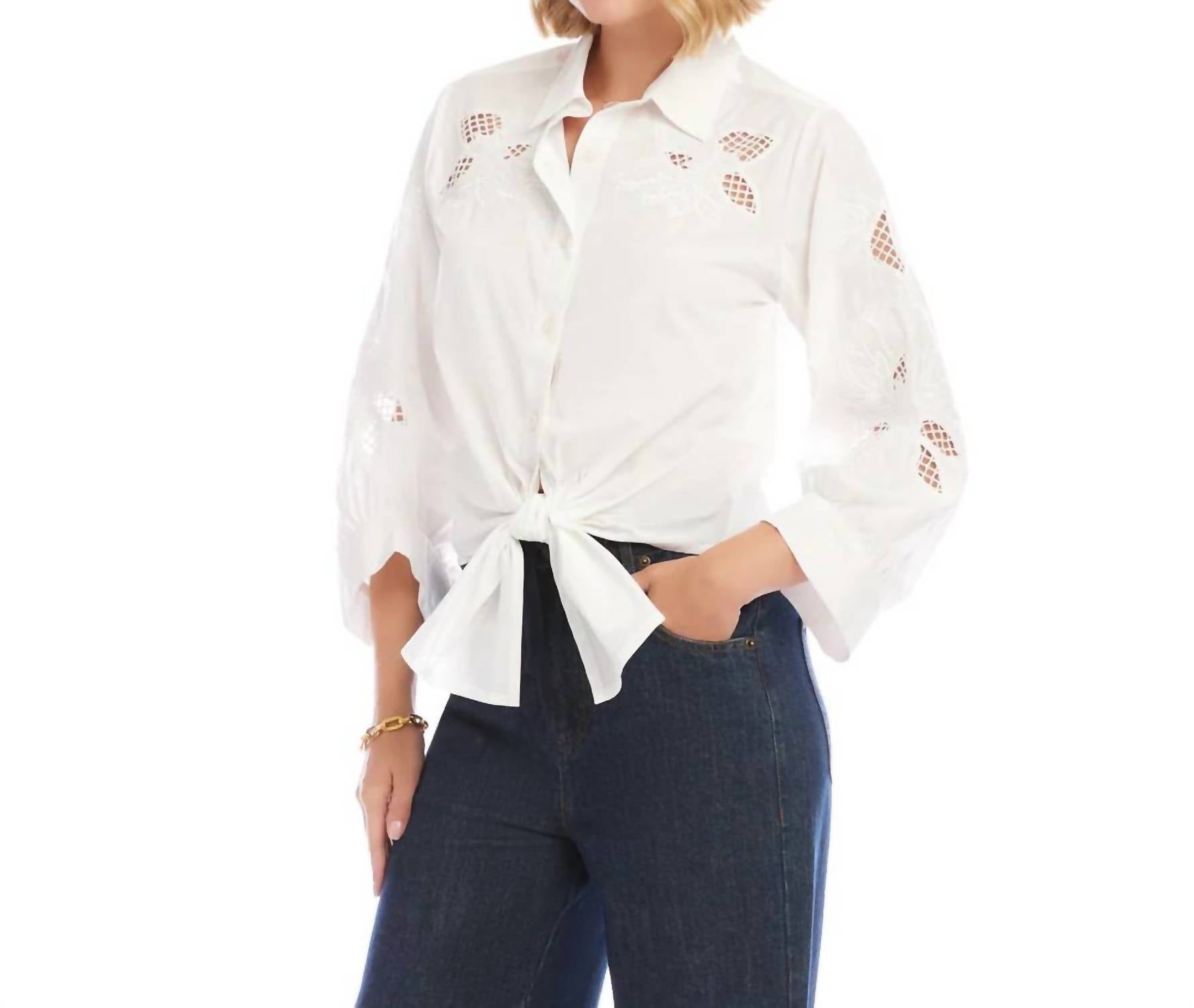 Karen Kane - Blouson Sleeve Embroidered Tie-Front Top