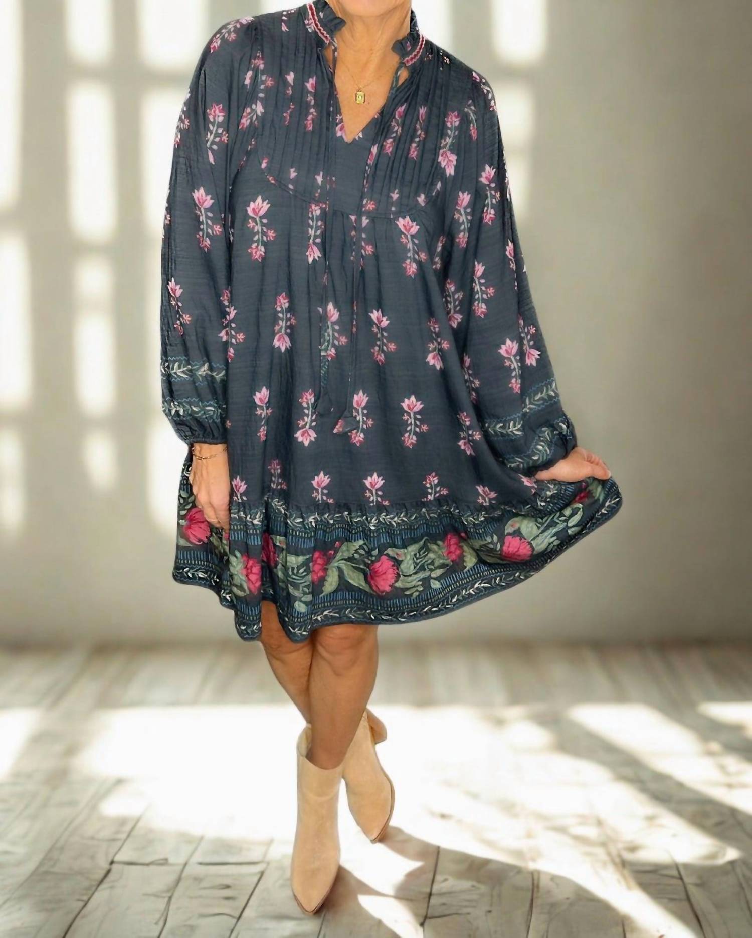 Umgee - Floral Border Print Tiered Ruffle Mini Dress With Tassel Tie