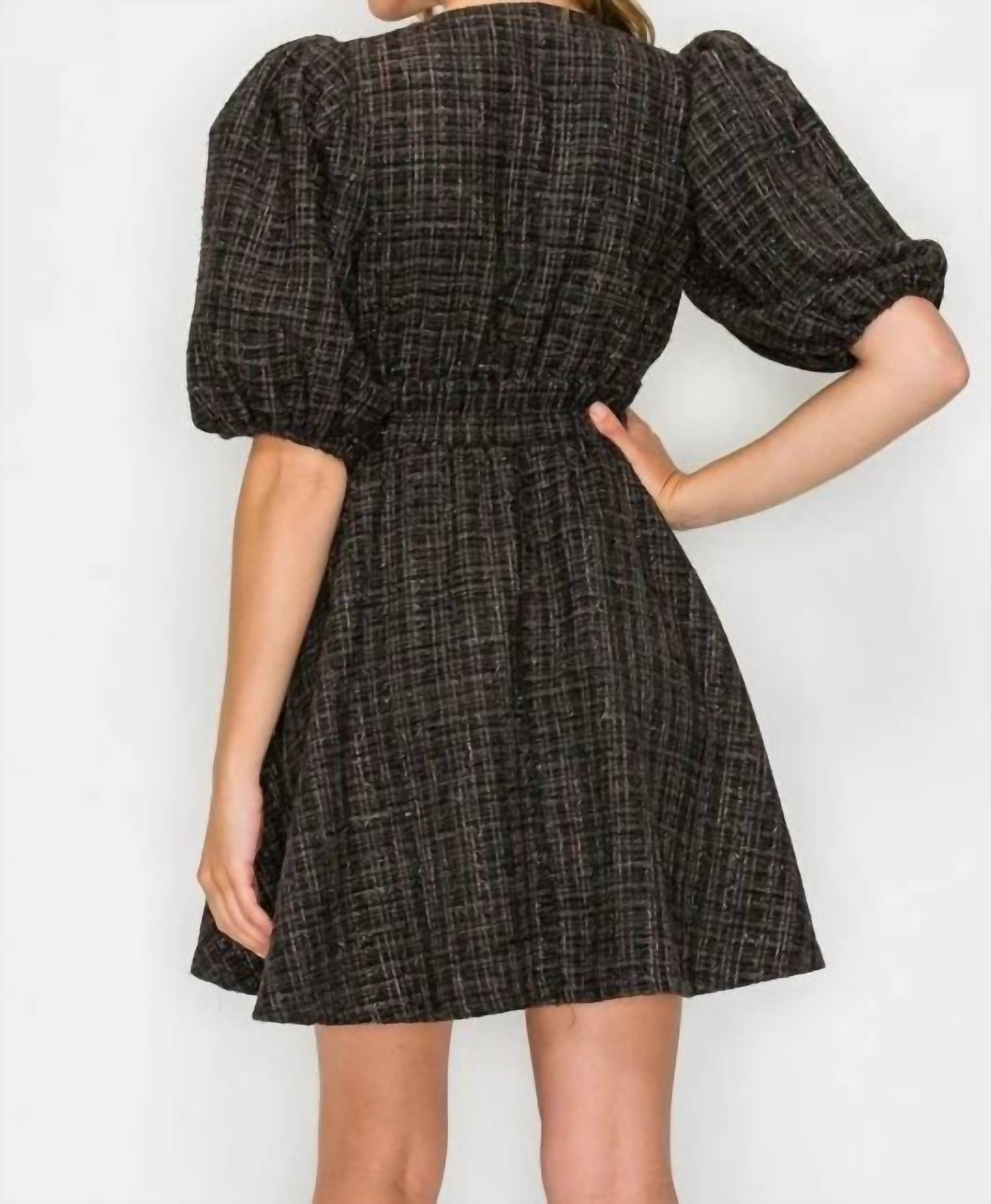Meet Me In Santorini - Ebony Tweed Puff Sleeve Dress