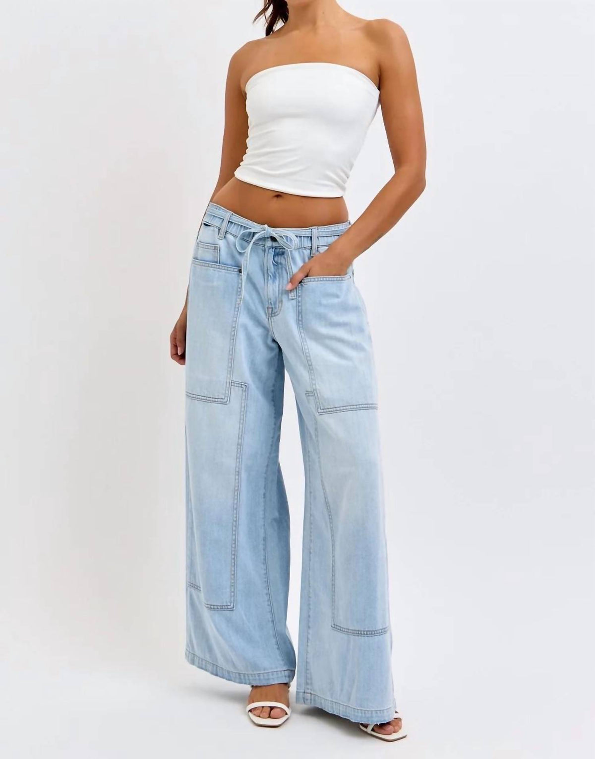 Hidden - Drawstring Utility Pocket Wide Leg Jeans