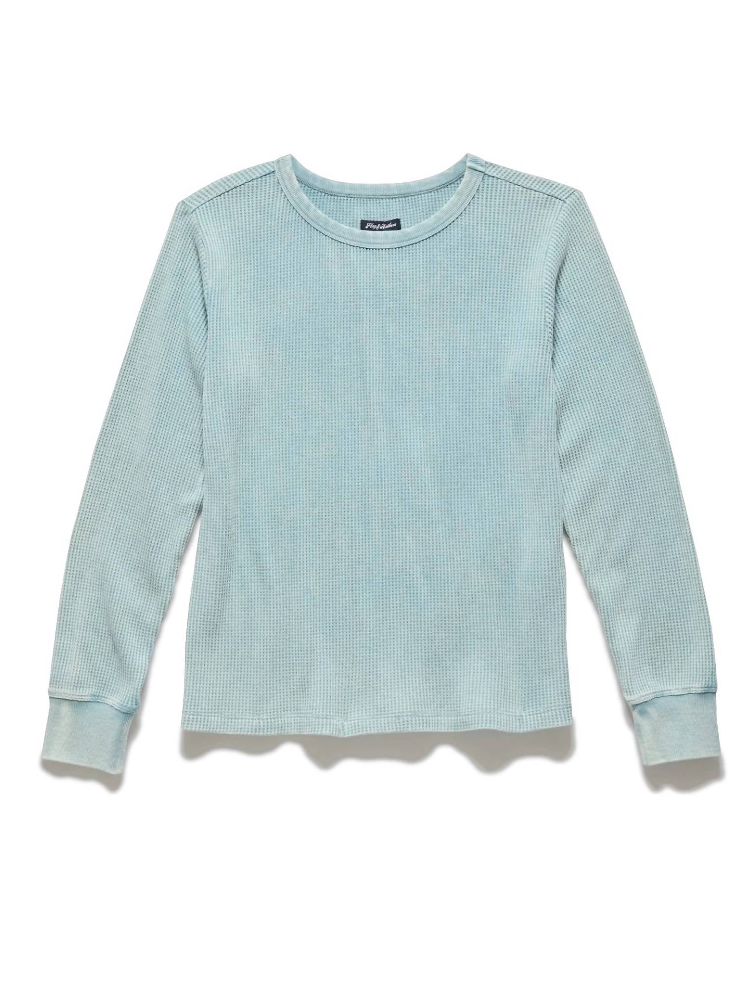 Flags & Anthem Fayston Waffle Crew Top in mineral blue - women's sweater - detail view