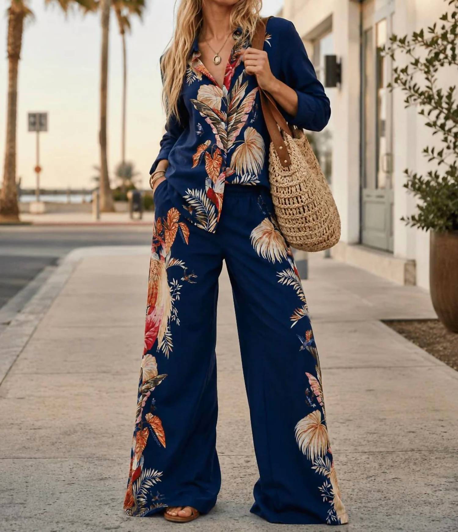 Little Secret Of Mine - Tropical Leaf Wide Leg Pant Set