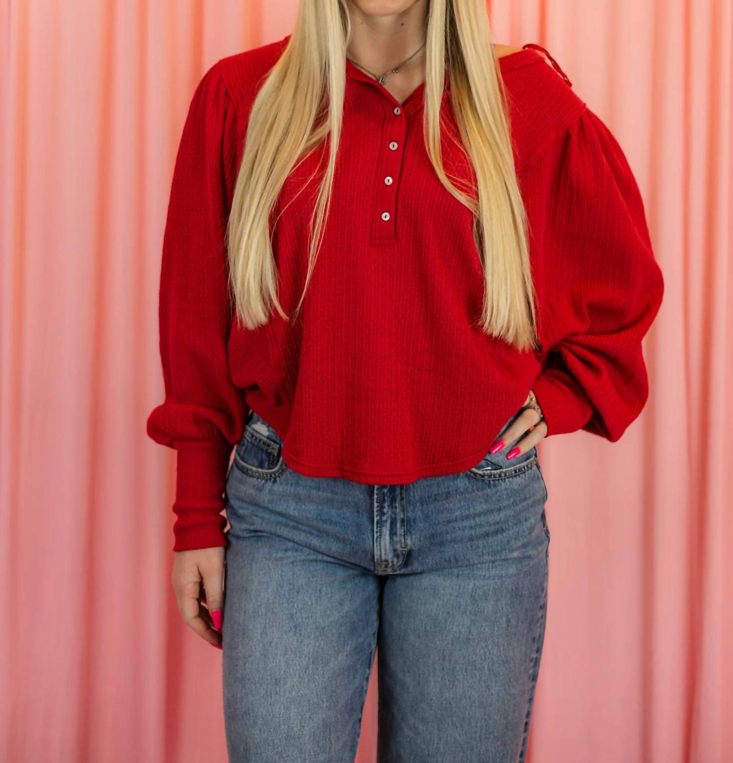 Free People Quinn Knit Thermal Tee in salsa - women's long sleeve top