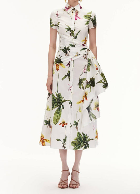 Oscar De La Renta - Cap Sleeve Orchids Poplin Dress