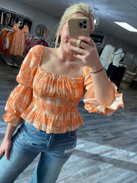 Olivaceous - Gingham Print Bubble Sleeve Top