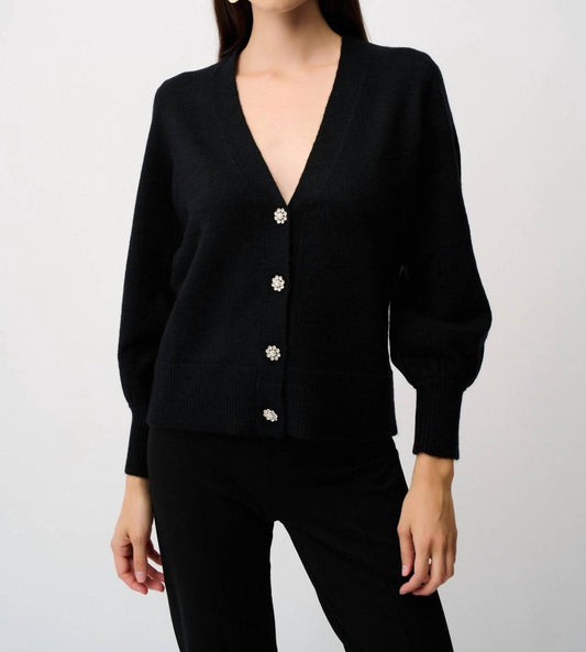 Joseph Ribkoff - Puff Sleeve V Neck Cardigan With Rhinestone Buttons