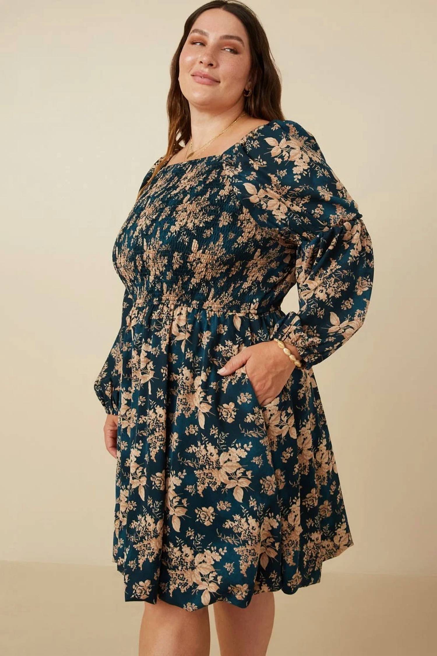 Hayden La - Wide Neck Floral Print Long Sleeved Midi Dress