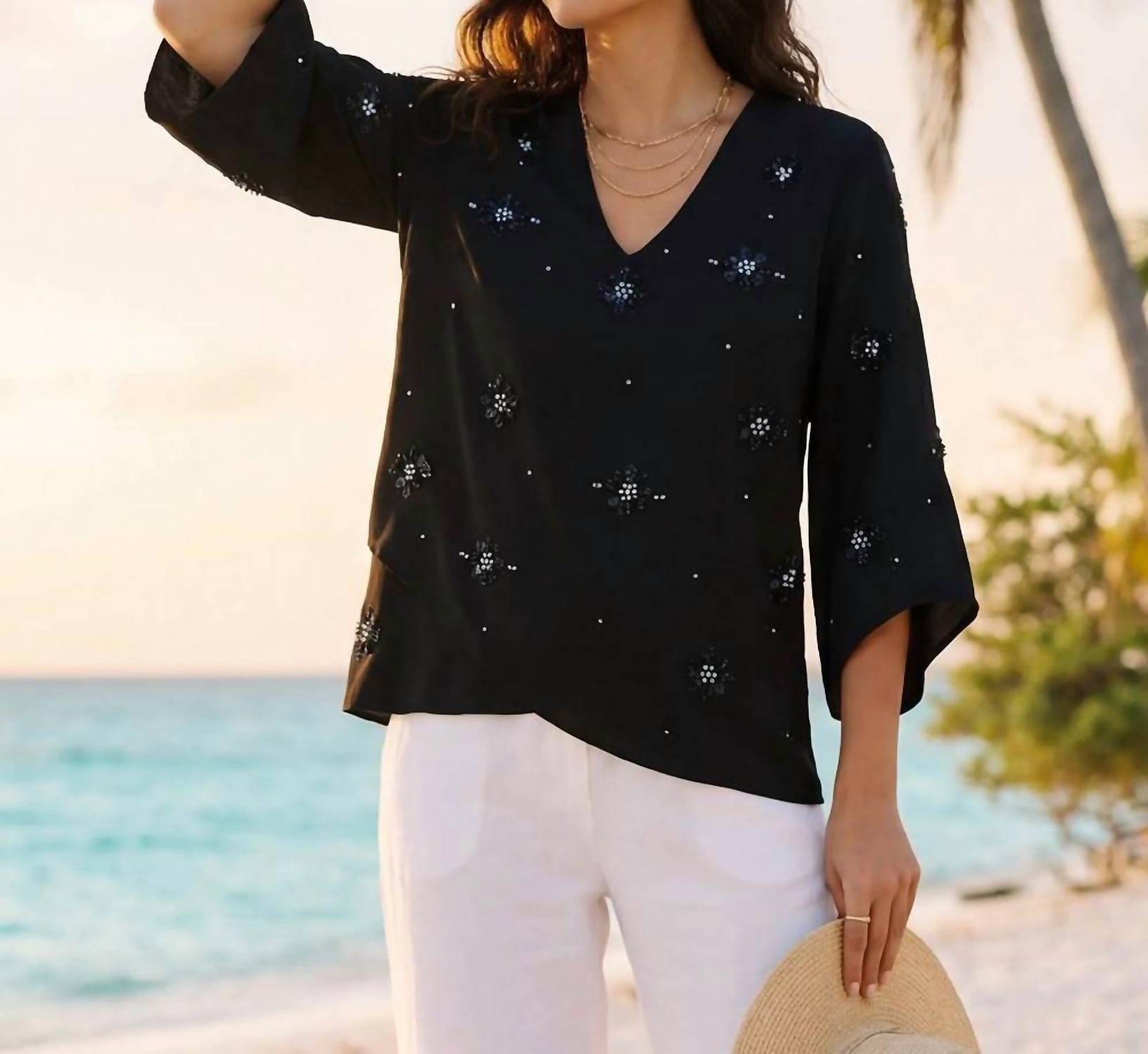 Karen Kane - Bracelet Sleeve Embellished Asymmetric Top