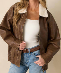 Blu Pepper - Faux Leather Shearling Collar Zip Up Jacket