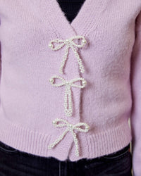 DESIGN HISTORY Pearl Bow Cardigan in lilac - women's cardigan - detail view