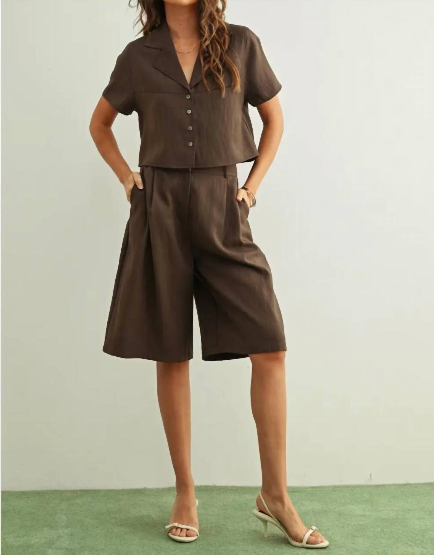 MIOU MUSE Bea Button Front Short Sleeve Top in brown - women's t-shirt - view 4
