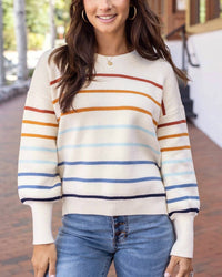 Grace and Lace Crew Neck Striped Sweater in ivory multi stripe - women's sweater - alternate view