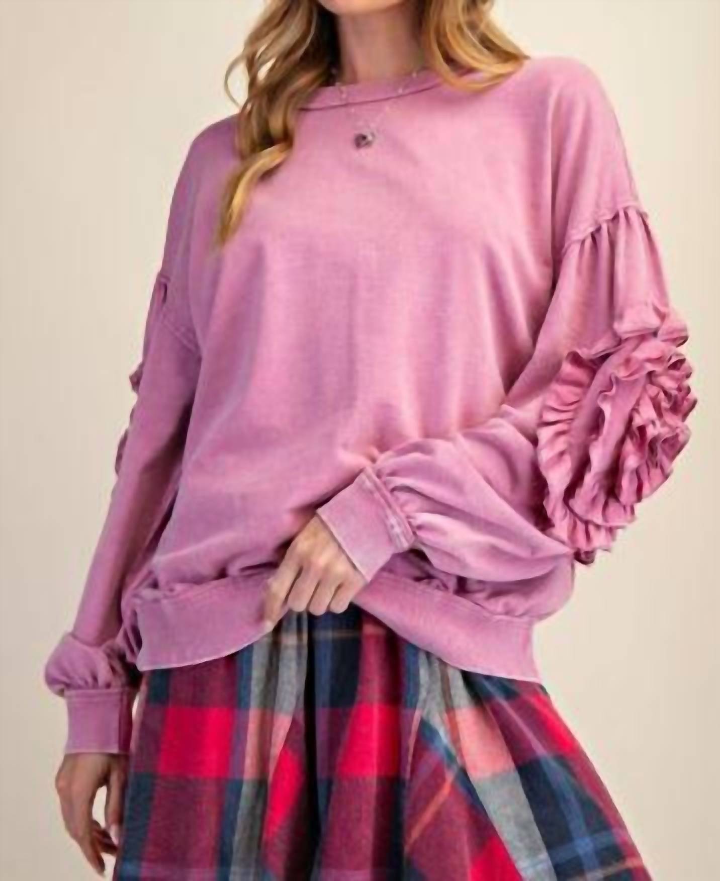 Easel - Long Sleeve Flower Patch On Sleeves Top