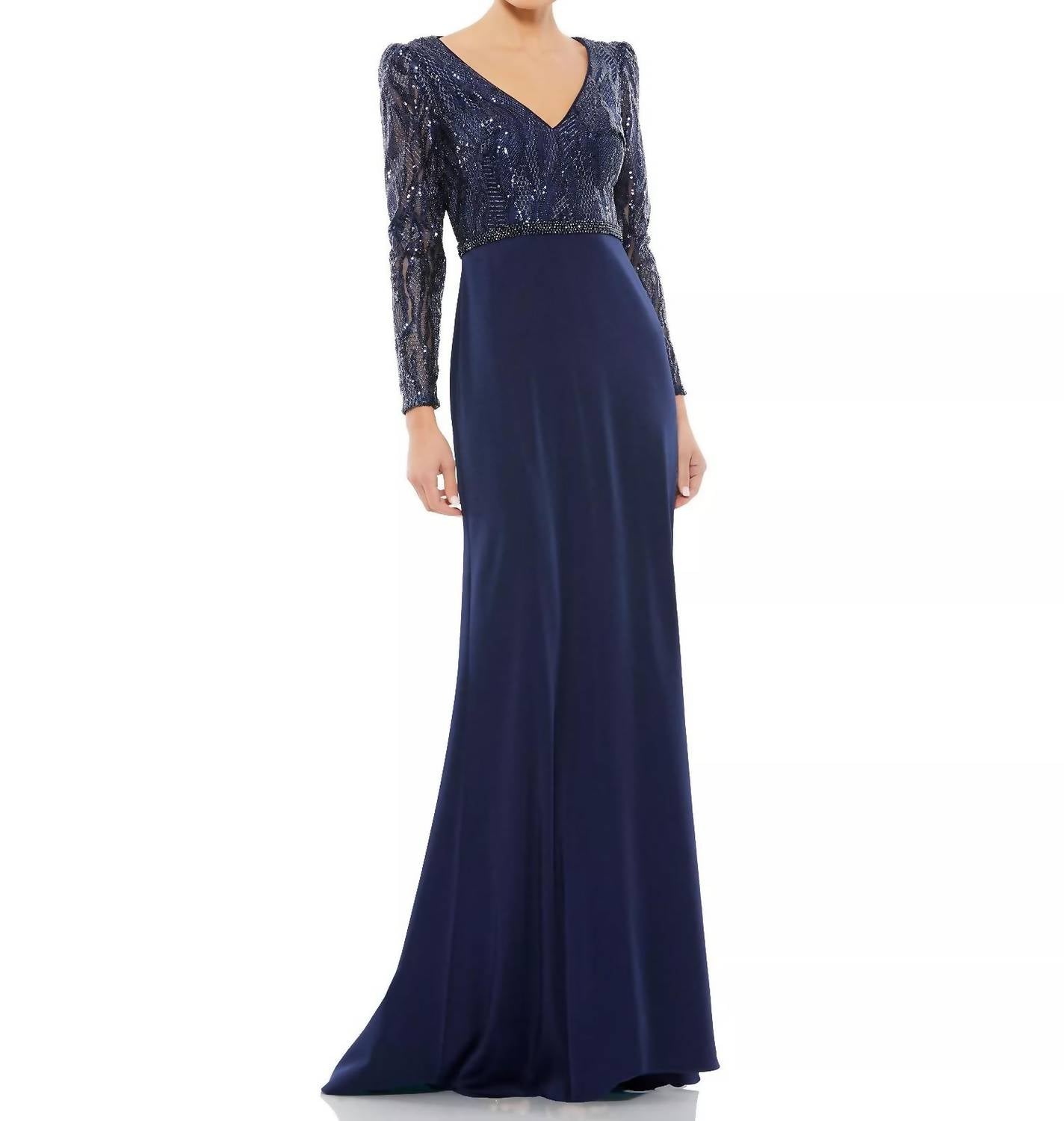 DKNY Women's Embellished Long Sleeve Bodice Column Dress in blue - women's dress