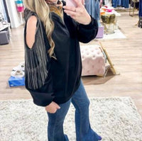 Fantastic Fawn - Fringe Cold Shoulder Knit Sweatshirt