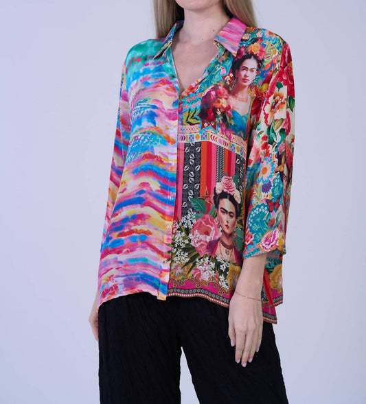 Shana Apparel - Frida Mix Media Button Down Classic Blouse - Plus