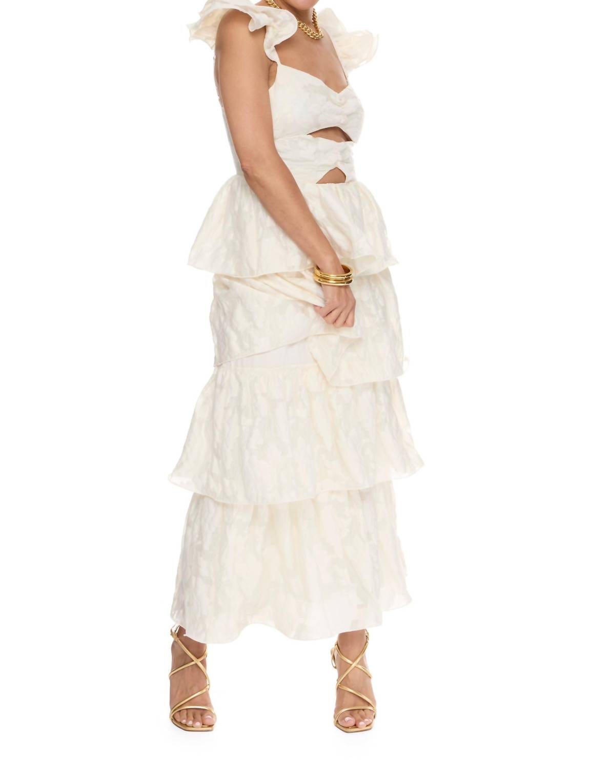 LENA Carly Ruffle Cutout Midi Dress in ivory - women's dress - detail view