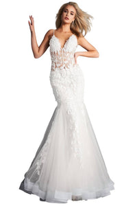 Jovani - Floral Appliques Corset Bodice Tulle Trumpet Gown