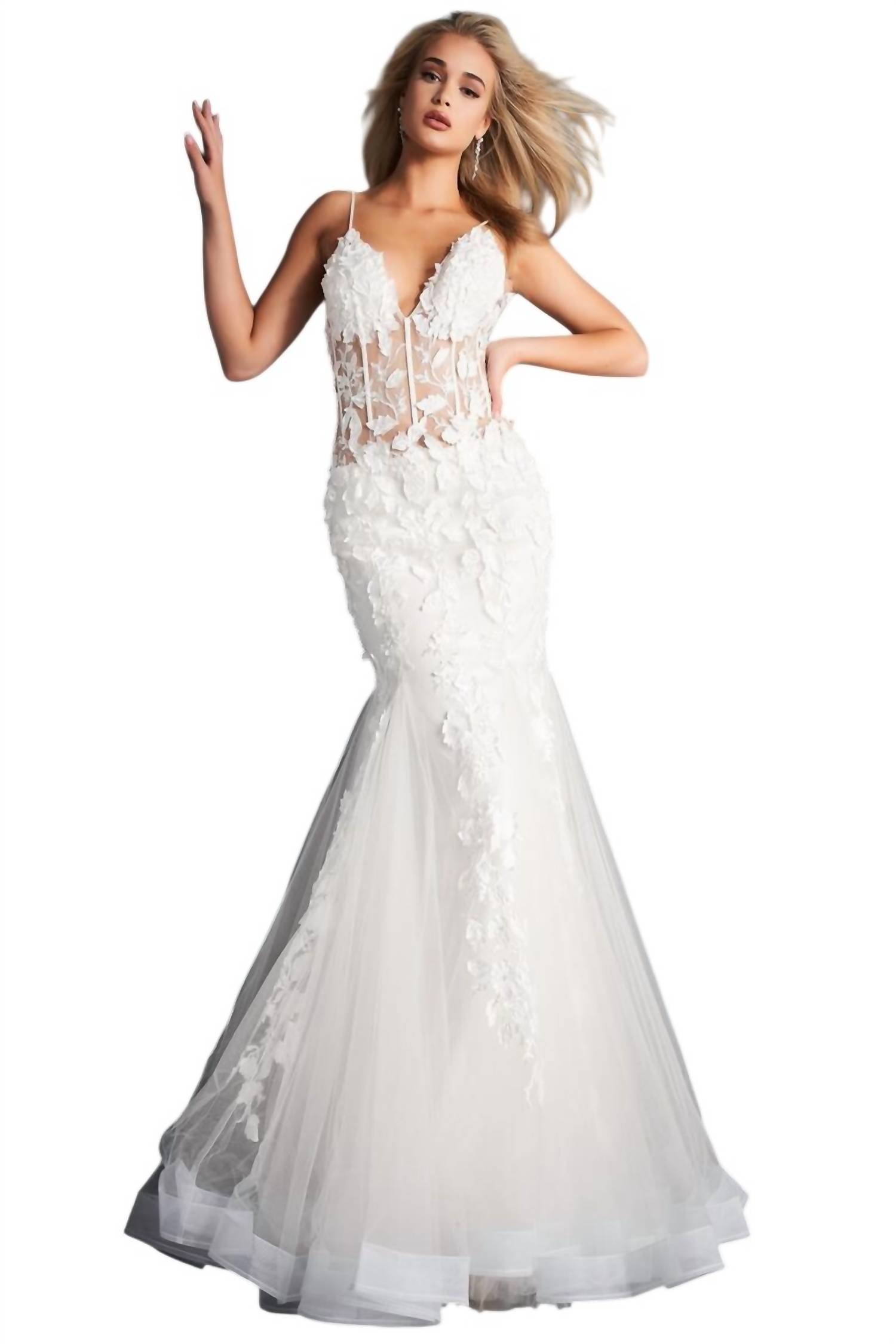 Jovani - Floral Appliques Corset Bodice Tulle Trumpet Gown