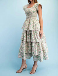 Gigio - Floral Tiered Elastic Waist Midi Dress