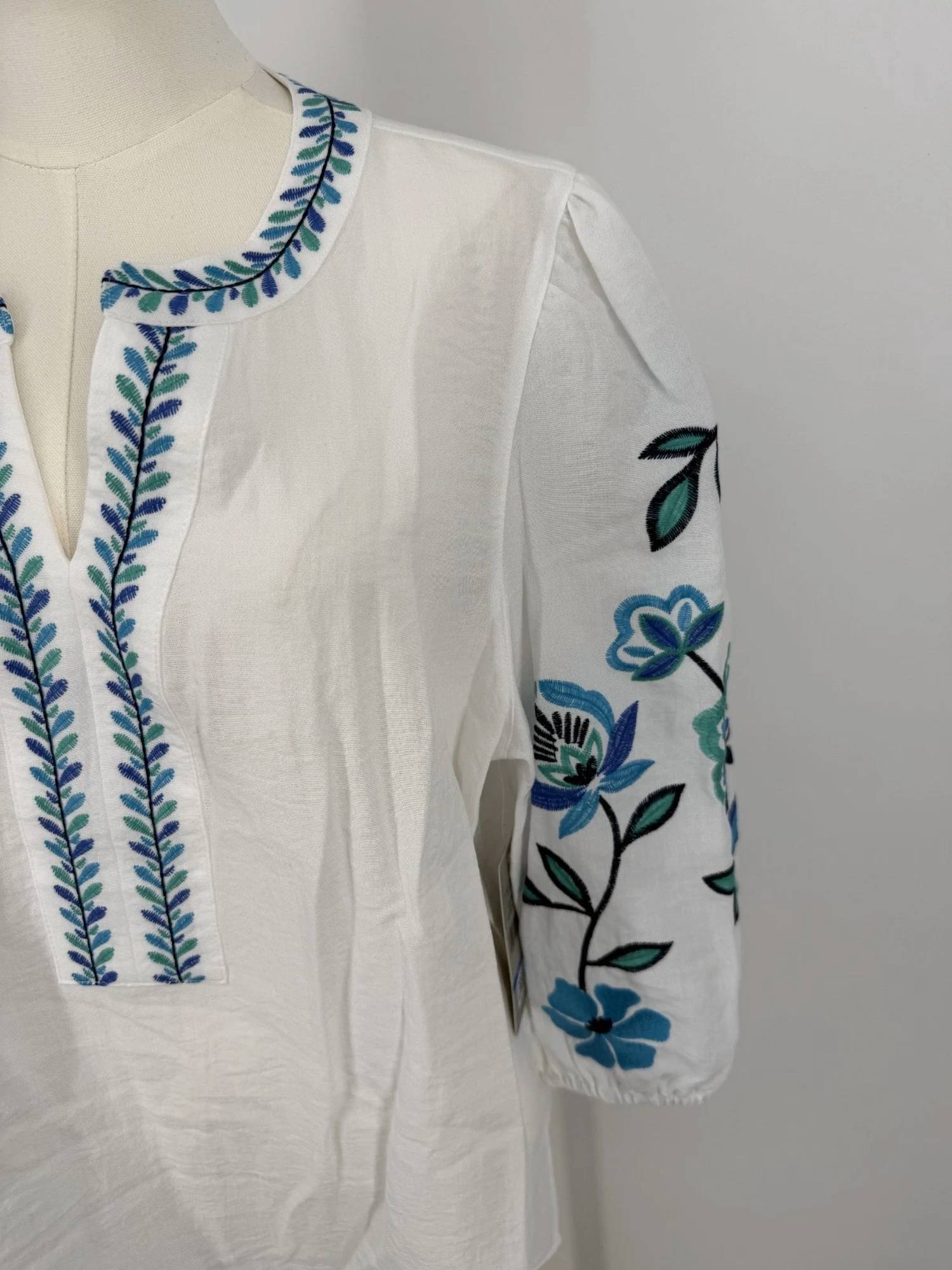 Multiples - Women's Embroidered Notch-neck Woven Top