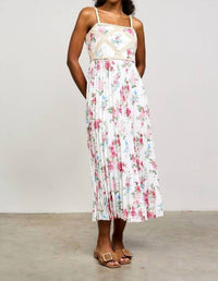 Skies Are Blue - Printed Crochet Patch Pleated Sleeveless Midi Dress