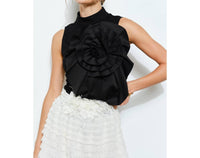 Ina Fashion - Floral Applique Pleated High-Neck Top