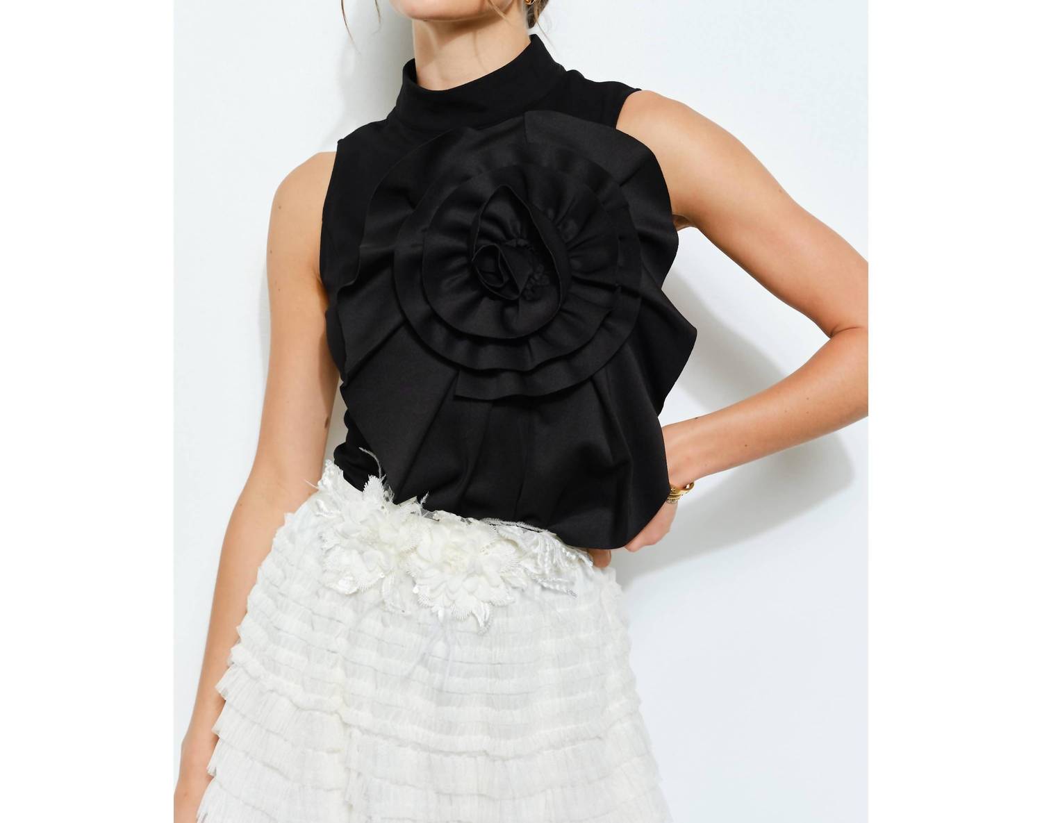 Ina Fashion - Floral Applique Pleated High-Neck Top