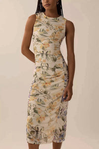 FARM RIO Hummingbird Garden Floral Ruched Midi Dress in cream - women's dress