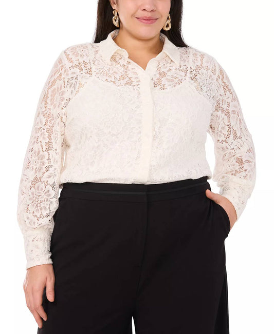 Vince Camuto - Lace Fold-collar Long Sleeve Top - Plus