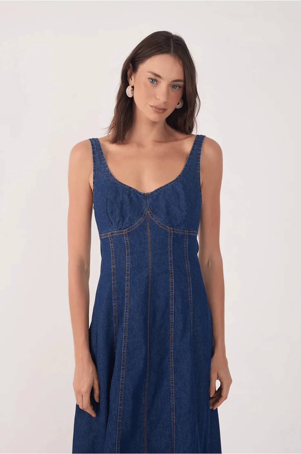Dress To - Denim Topstitching Sleeveless Midi Dress