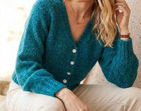 Karen Kane Pearl Button Cardigan Sweater in teal - women's cardigan - view 6