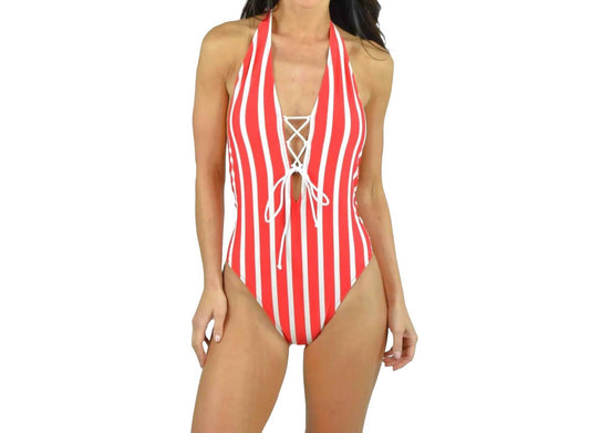 Milly - Stripe Laced Front Halter One Piece Swimsuit