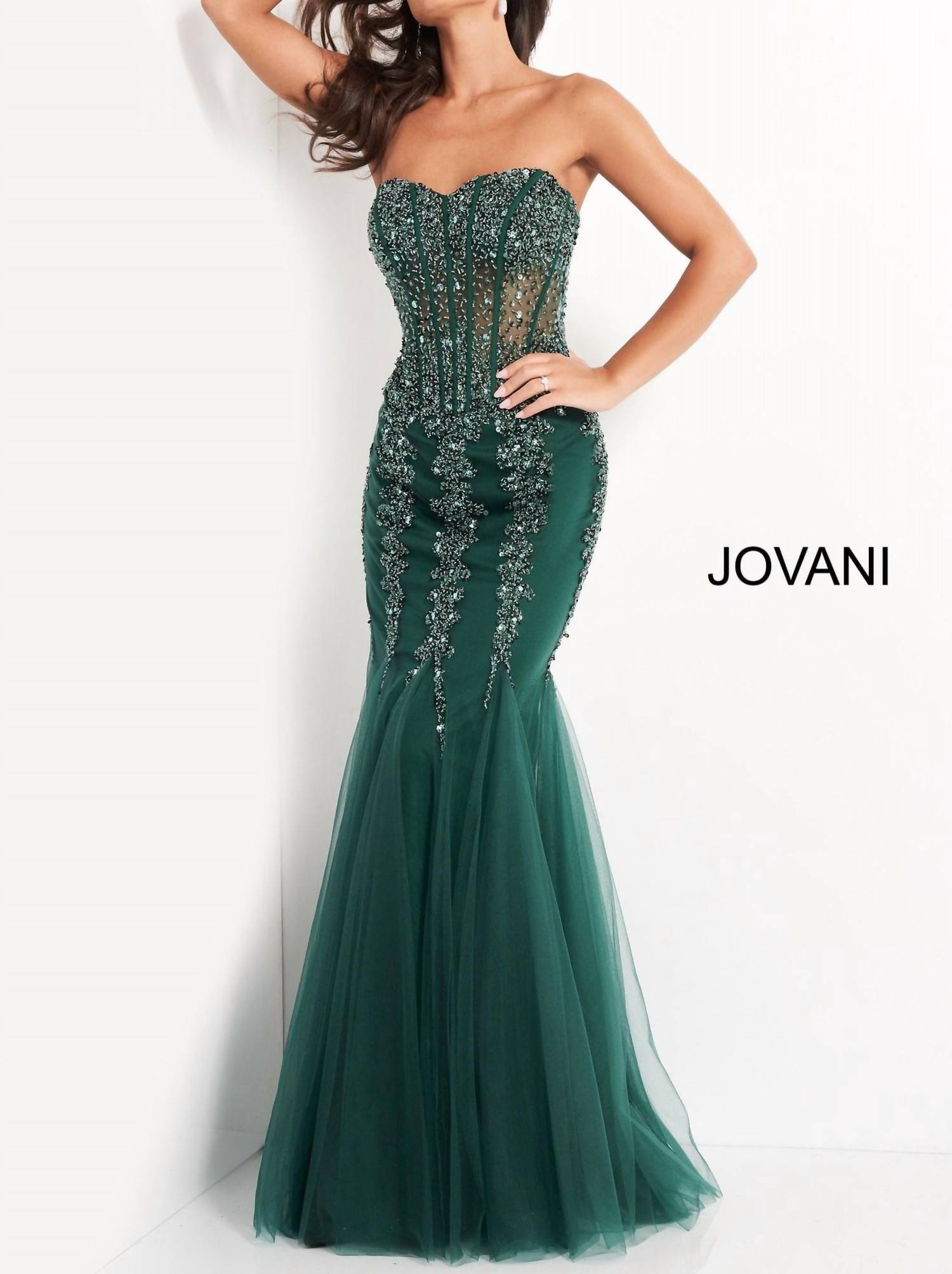 JOVANI Embellished Corset Bodice Prom Dress in emerald - women's dress