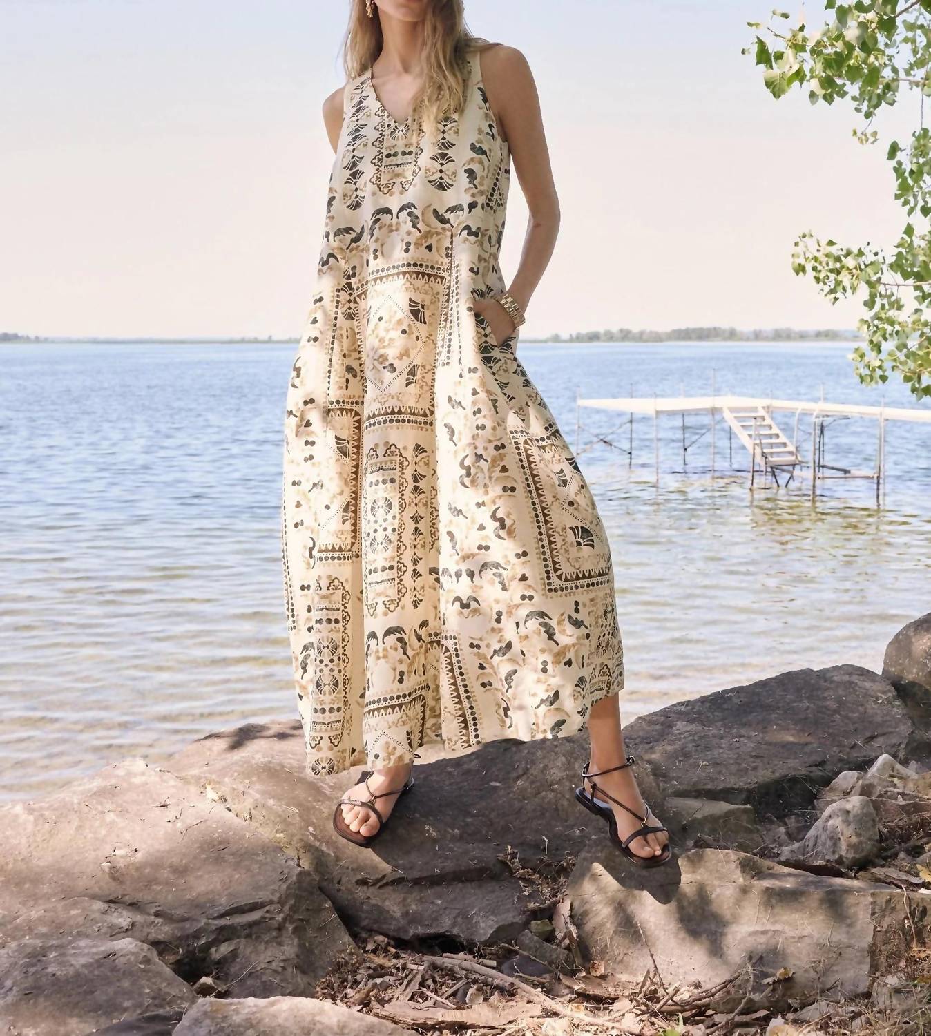 Joseph Ribkoff - Linen Scarf Print Maxi A-line Dress