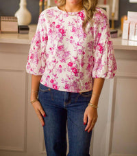 TCEC Floral Top With Puff Sleeve Blouse in orchid - women's blouse - detail view