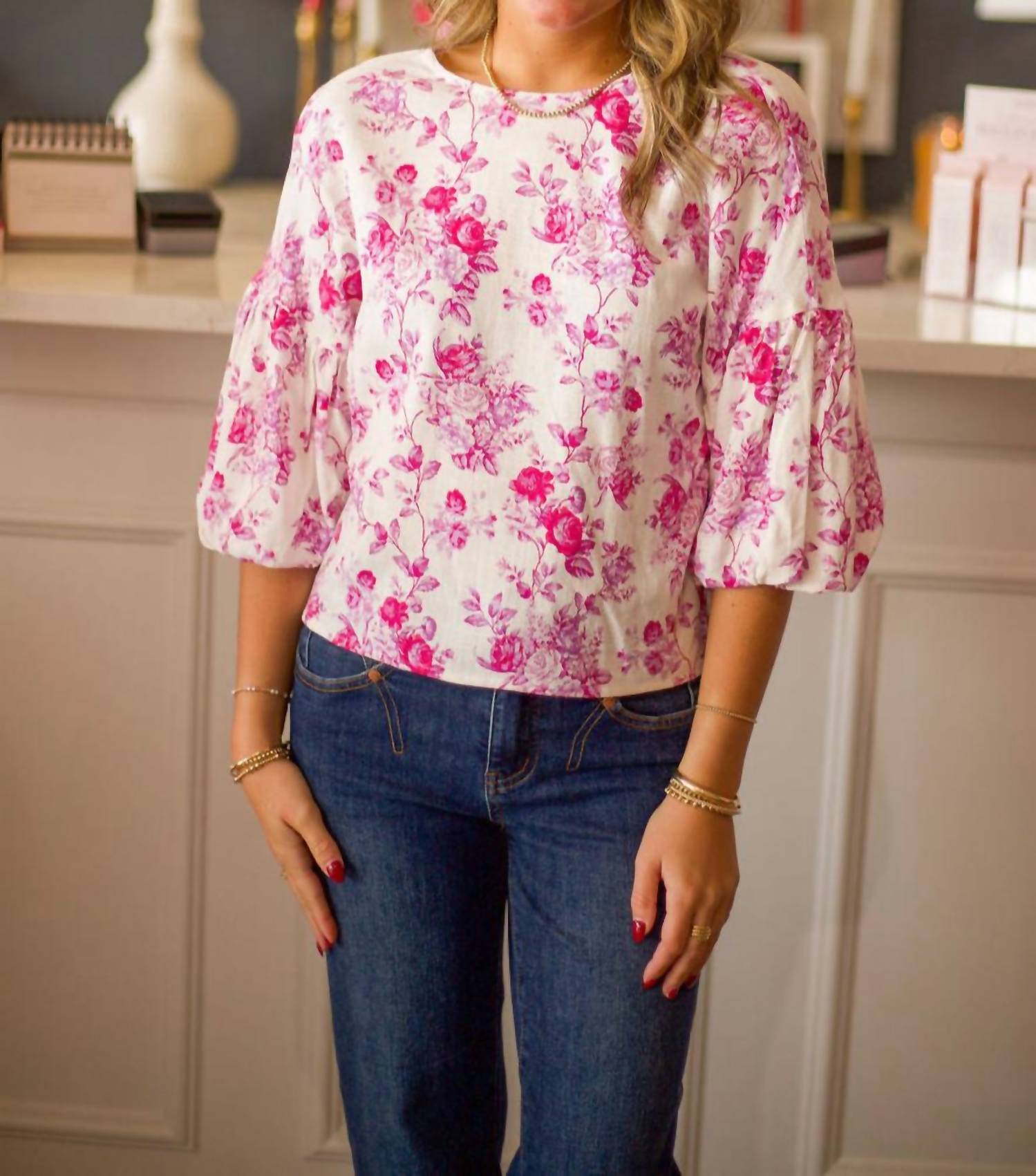 TCEC Floral Top With Puff Sleeve Blouse in orchid - women's blouse - detail view