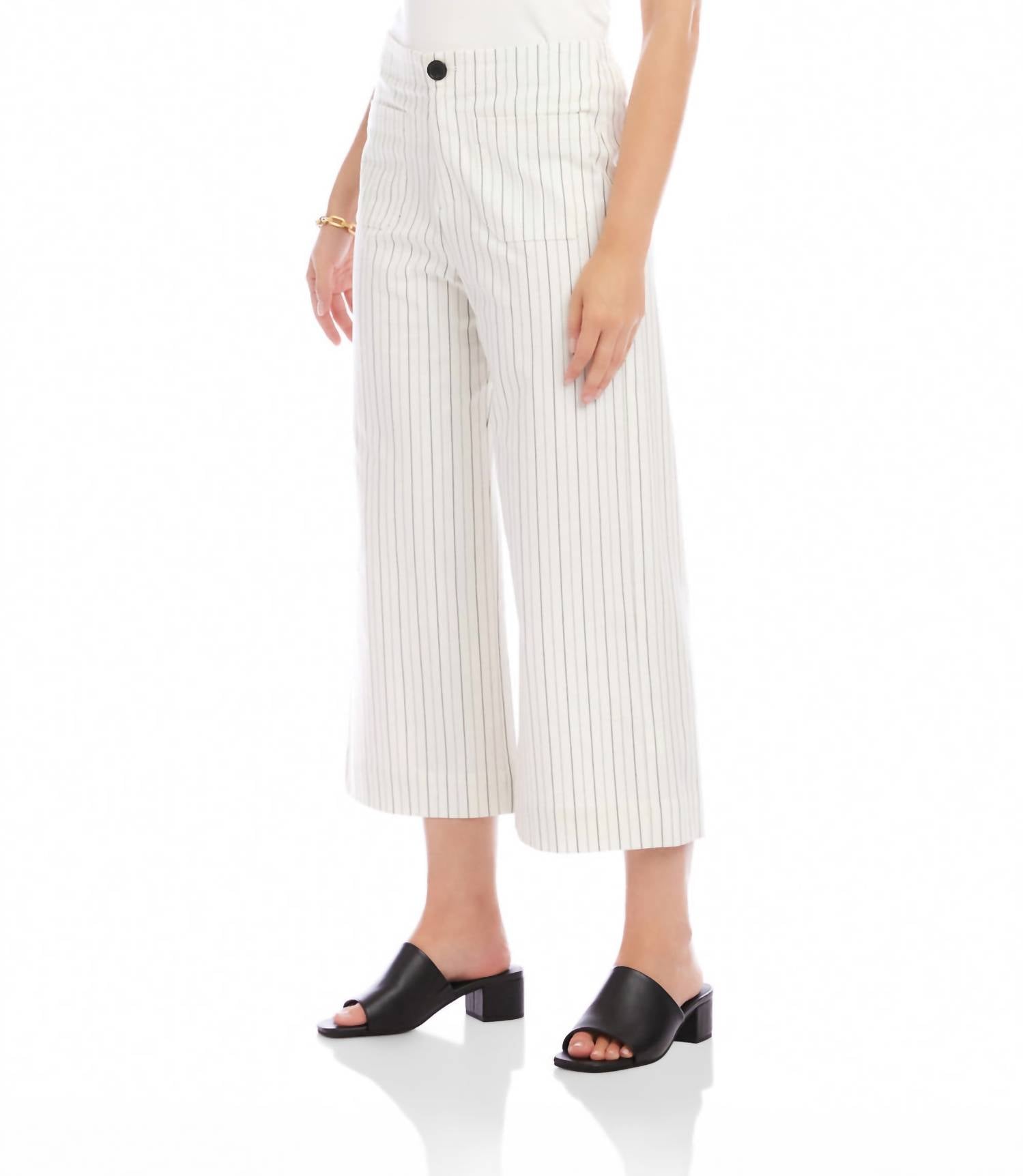 Karen Kane Stripe Cropped Wide-Leg Pants in off white with black - women's pants - detail view