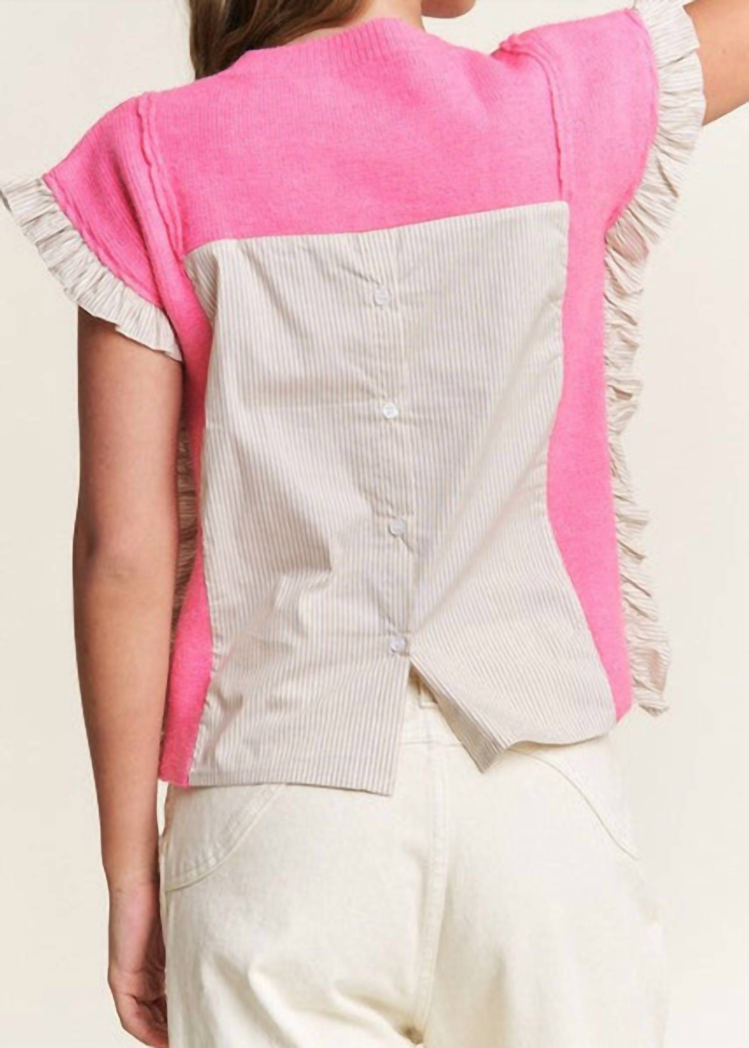 In The Beginning Short Sleeve Sweater With Ruffle Contrast in pink - women's sweater - detail view