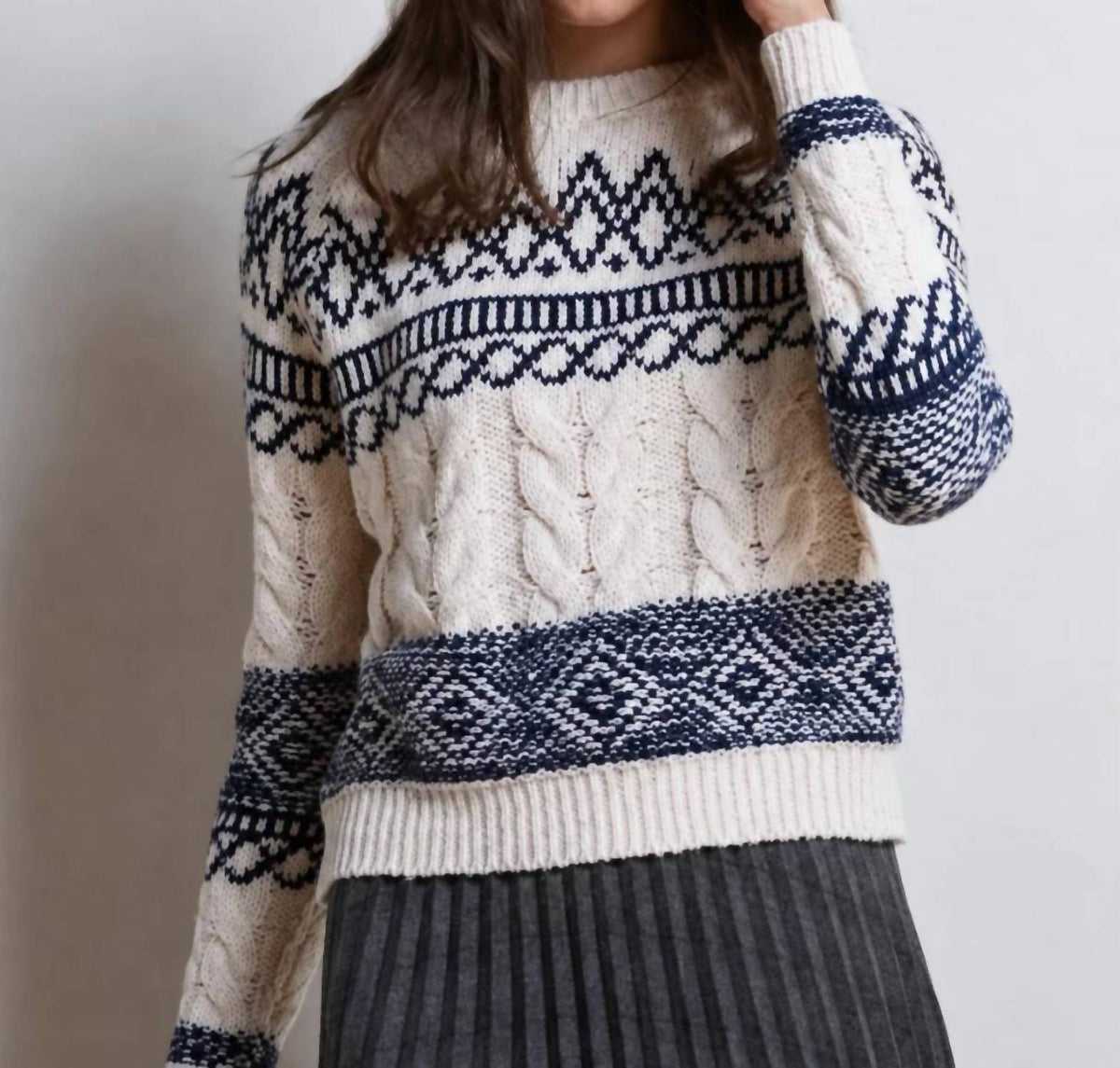 Autumn Cashmere - Fair Isle Cable Crew Knit Sweater