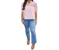 Karlie - Striped Elastic Knit Short Sleeve Button Down Top