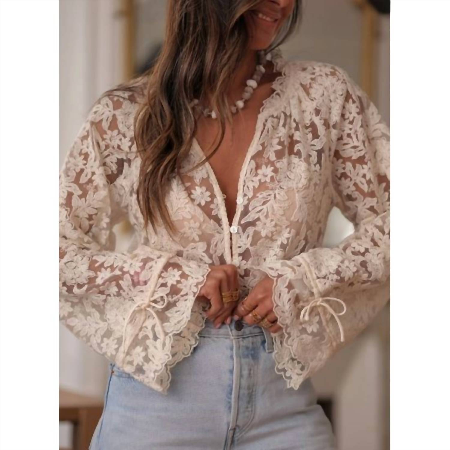 Rosa Clothing Women's Boho Lace Floral Sheer Blouse in beige - women's blouse