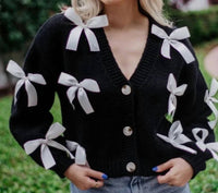Katydid - Women's Satin Bow Long Sleeve Knit Cardigan